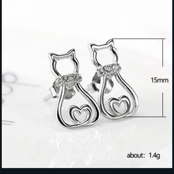 🐱🐱NEW🐱🐱ADORABLE!! Hollow Cat Earring with CZ'S on the collar in 925 Silver - Picture 4 of 13